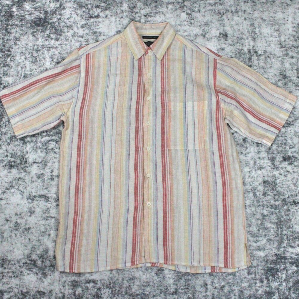 Bruno Men’s M 100% Linen Short Sleeve Button Up Shirt Striped Washable